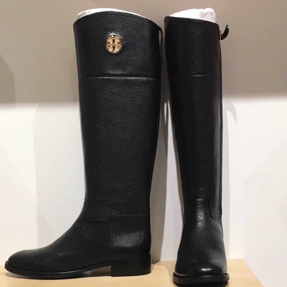 Tory Burch Junction Black Pebbles Leather Riding Boots-size 8